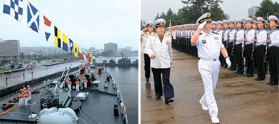 ▲ 원산항에 입항하는 중국 군함, 텐중(田中) 해군제독의 조선인민군 해군 사열 ⓒ 신화사(2011년 8월 4일)