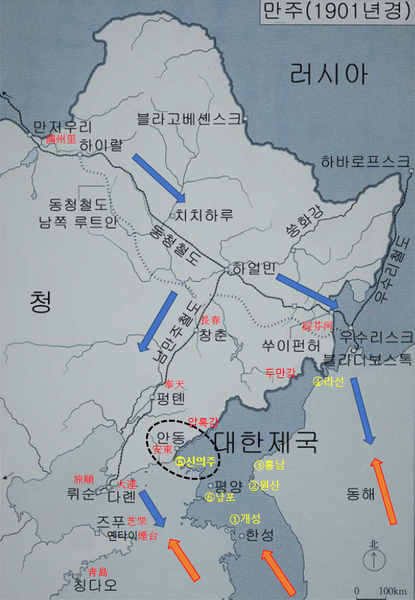 (지도) 러시아가 부설한 만주의 동청철도와 남만주철도 (1901년) (자료) David Wolff [To the Harbin Station(1898-1914)]의 지도를 한국역사연구회 박준형의 번역지도(http://www.redian.org/archive/110769) 를 사용하여 지명과 방향표시 입력