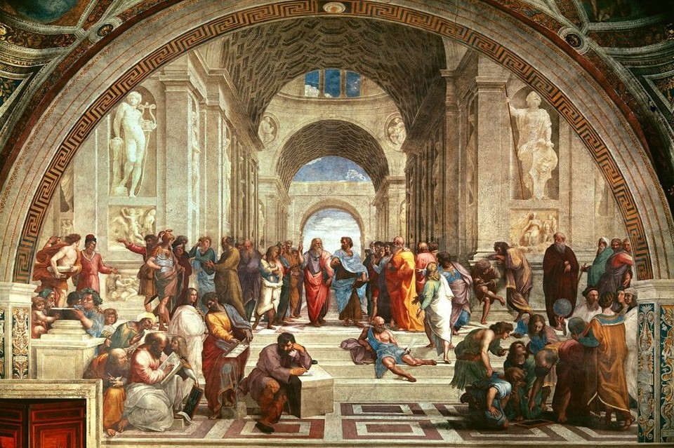 ▲ 라파엘로의 그림 '아테네 학당'. 가운데 흰 수염을 기른 사람이 플라톤, 그와 대화하는 사람이 아리스토텔레스다.